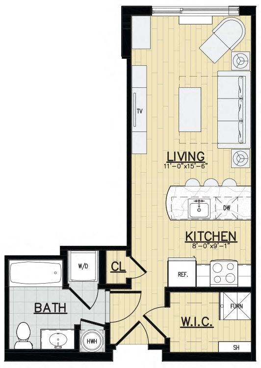 Floor plan for studio, 1 bath, 475 sqft